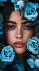 Blue eyed portrait framed by vivid teal roses.