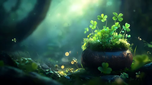 Luminous forest cauldron with clover foliage under soft bokeh