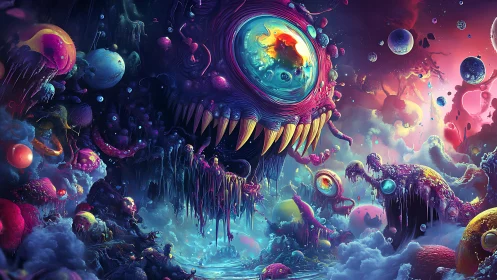 Cosmic jelly maw grins over a dripping nebula carnival