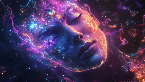 Cosmic nebula portrait with luminous astral facial topology.