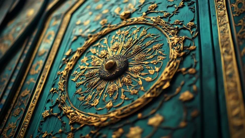 Emerald gate medallion blooms with molten golden filigree.