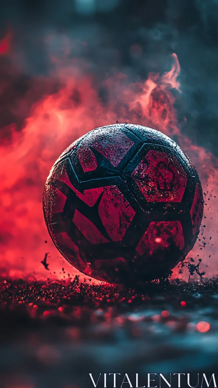 Macro closeup of wet red soccer ball in dramatic smoke field