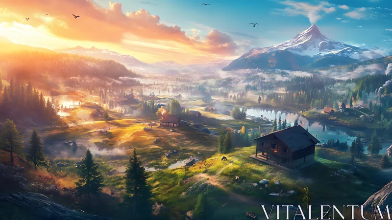 Sunrise symphony over misty valley cabins and crystal peaks.