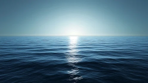 Calm ocean surface under low sun on clear horizon line.