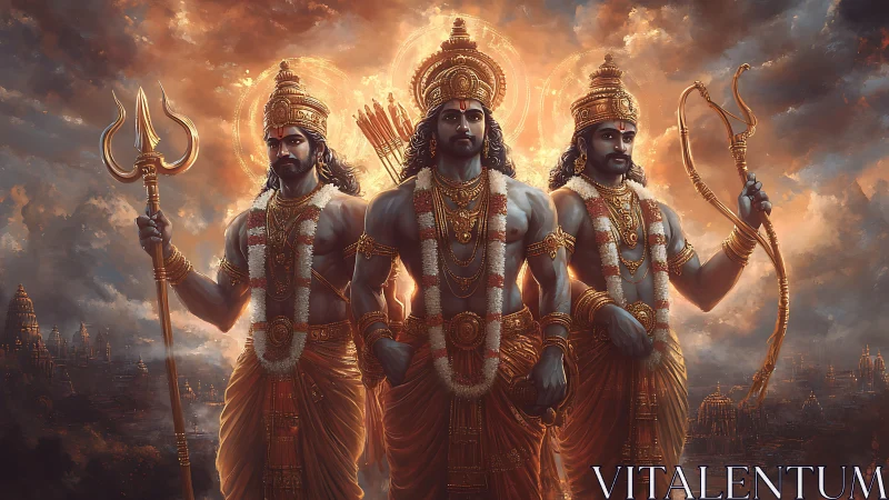 Three armed deities in ornate attire before luminous sky.