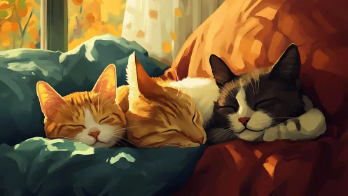Two Cozy Cats Napping Together in Warm Autumn Light.