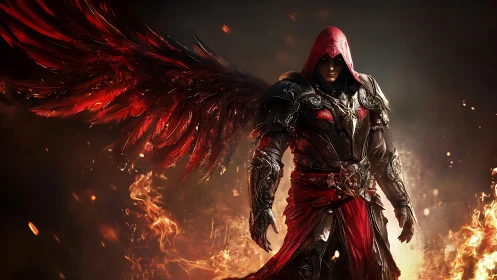 Ember-winged warlock strides from the inferno in silence