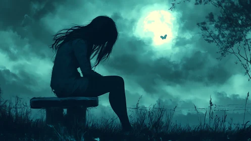 Moonlit pause on a quiet bench of blue-green night.