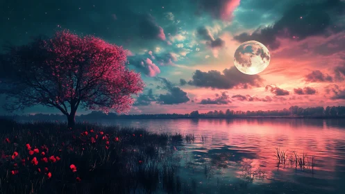 Moonlit lake glows gently beneath a dreamy blossom tree