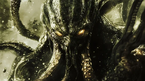 Eldritch sea monster surfaces in glowing abyssal darkness