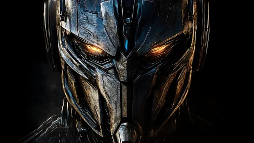 Cyberpunk mech portrait with symmetrical metallic faceplate design.