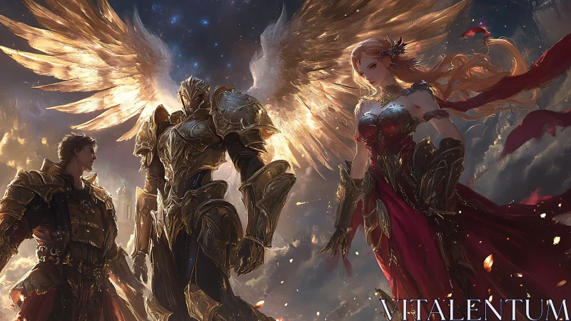 Winged war council catches firelight above storm-tossed clouds