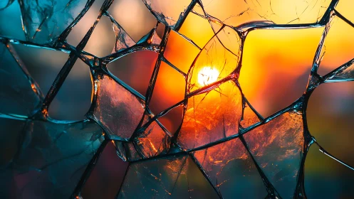 Shattered glass frames a glowing sunset in vivid color.