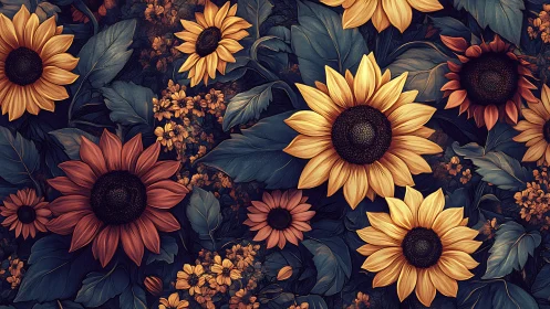 Sunflowers and Wildflowers in Deep Teal Garden Composition