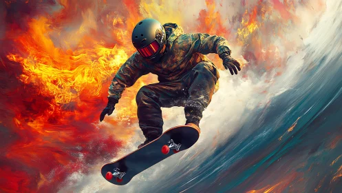 Digital skateboarder carving fiery wave in motion storm.