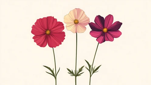 Three Cosmos Flowers in Vibrant Pink and Blush Tones. Contemporary Botanical Illustration.