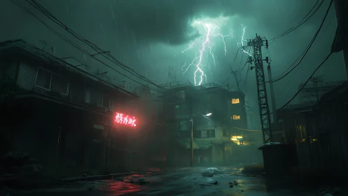 Urban alley under lightning storm with neon signage.