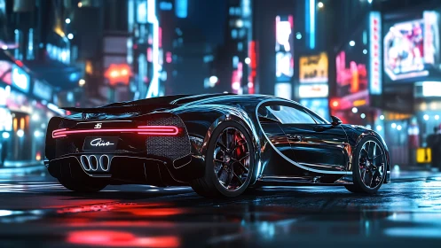 Sleek black supercar glows against a vibrant neon city night