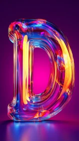 Translucent 3D letter D in multicolor neon lighting.