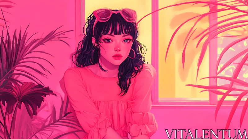 Digital portrait shows woman seated indoors among plants