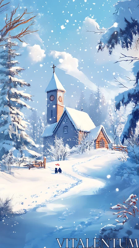 Snow-laden alpine chapel path with children in blue twilight