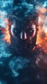 Bearded male portrait framed by elemental fire and smoke.