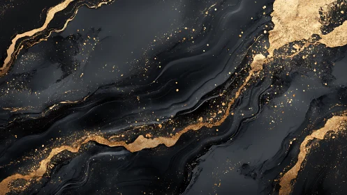 Black flowing marble with metallic gold splatter accents.