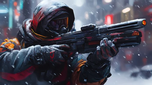 Hooded futuristic soldier aiming rifle in snowy city street