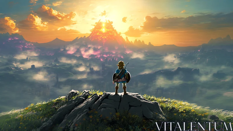 Heroic figure observing distant burning mountain at dawn.