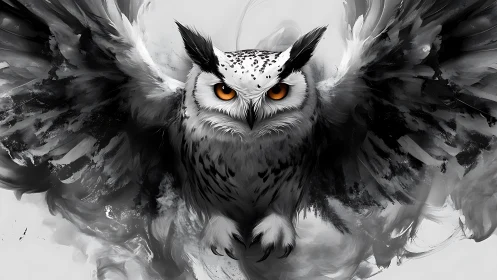 Striking owl in flight, black and white digital art with vivid eyes.