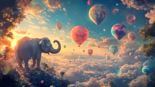 Gentle sky elephant watching a carnival of bright balloons.