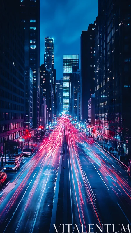 Nighttime city avenue with traffic light trails and towers.
