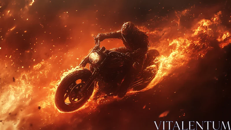 Flaming armored motorcyclist races through fiery inferno.