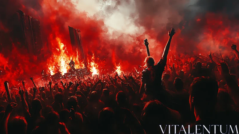 Large gathering at night with pyrotechnic displays and red atmospheric lighting.