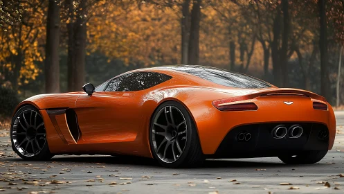 Orange sports coupe sits on road amid autumn forest background
