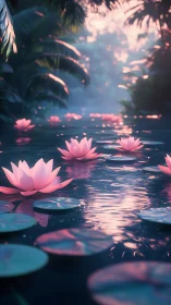 Digital rendering shows pink water lilies on reflective pond
