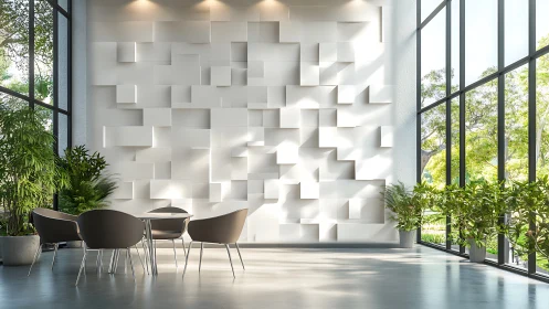 Modern lobby with geometric 3D wall and sunlit greenery.