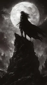 Silhouetted swordsman stands on jagged peak before full moon