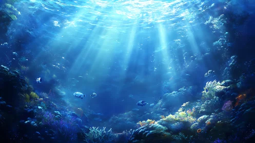 Sunlit coral reef glows beneath tranquil, crystal blue waves