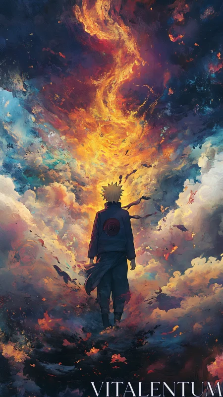 Backlit anime silhouette under vortex of blazing nebula clouds