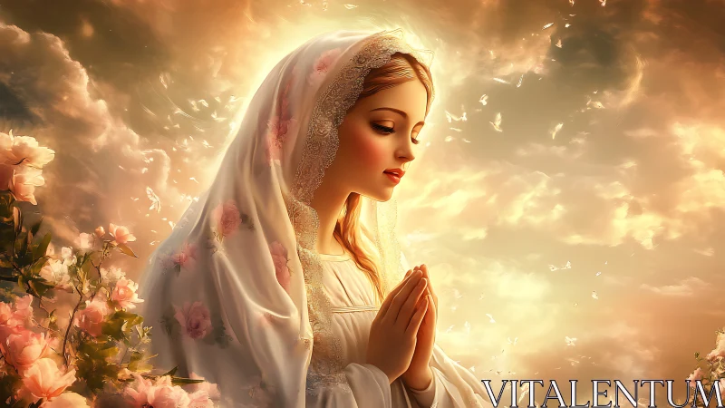 Rose-kissed prayer drifts upward through a painted golden sky