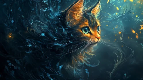 Mystical Cat with Glowing Eyes and Swirling Blue Aura.