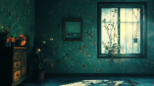 Sunlit vines haunt a teal room of fading floral memories.