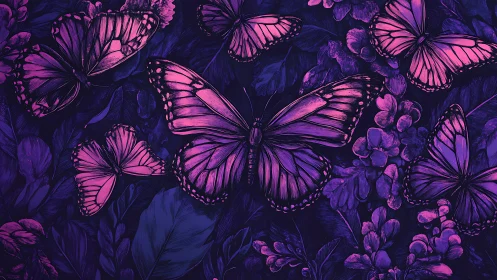 Pink butterflies overlap dense purple foliage in stylized illustration
