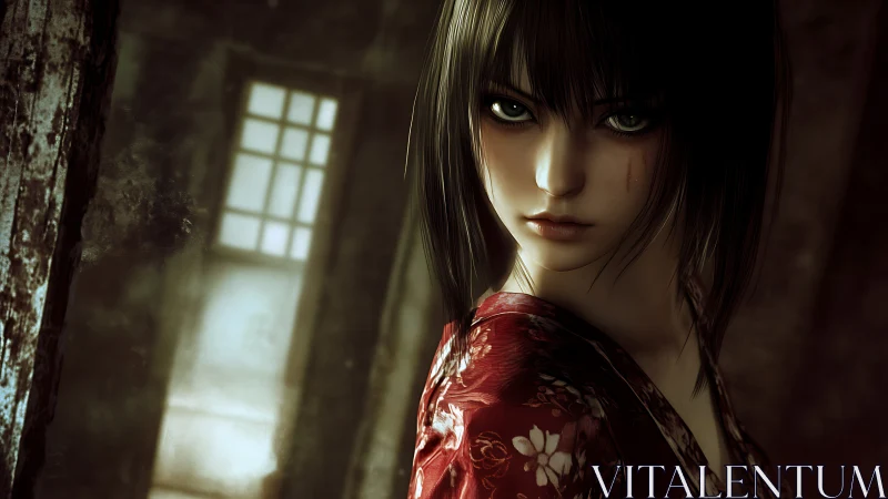 Brooding anime heroine in kimono rendered with cinematic lighting