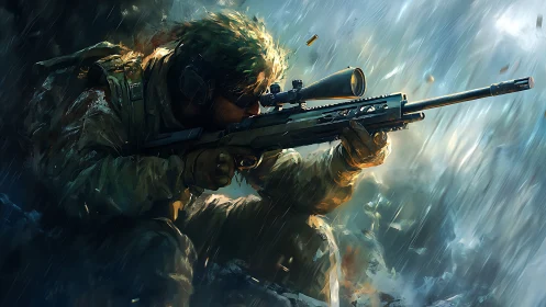 Sniper operative positioned in heavy rain with tactical rifle