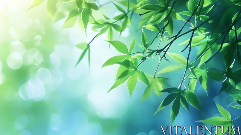 Sunlit maple leaves sway gently in a dreamy spring haze