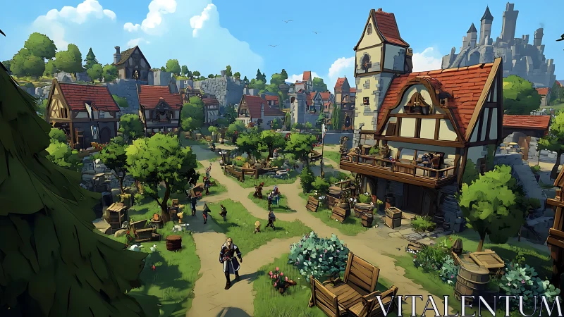 Medieval market square rendered in stylized digital art