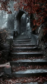 Foggy stone stairway ascends toward a mysterious archway.