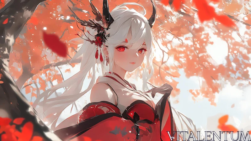 Crimson-horned autumn sorceress beneath whispering leaves.